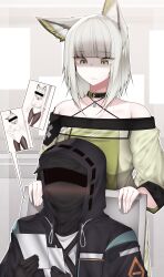1girl 1other absurdres ambiguous_gender animal_ear_fluff animal_ears arknights black_pantyhose bow bowtie breasts cat_ears cat_girl censored censored_identity cleavage closed_mouth cowboy_shot criss-cross_halter dated_commentary detached_collar dress fake_animal_ears green_bow green_bowtie green_dress grey_eyes grey_hair halterneck highleg highleg_leotard highres holding kal&#039;tsit_(arknights) large_breasts leotard long_sleeves material_growth off-shoulder_dress off_shoulder open_mouth oripathy_lesion_(arknights) pantyhose playboy_bunny rabbit_ears samip shaded_face short_hair simple_background strapless strapless_leotard white_background white_leotard wrist_cuffs
