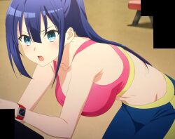 1girl bra breasts brown_hair cleavage engage_kiss hanging_breasts highres large_breasts looking_at_viewer midriff navel open_mouth pants ponytail sports_bra sportswear stitched stomach third-party_edit underwear yuugiri_ayano