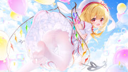 1girl alternate_costume ass barefoot blonde_hair blue_sky blush cloud commission crystal crystal_wings day dress fang feet flandre_scarlet from_behind from_below hat highres laevatein_(touhou) looking_at_viewer looking_back no_shoes open_mouth panties panties_under_pantyhose pantyhose puffy_sleeves red_eyes sky smile soles solo suaynnai_wanzi thighs touhou underwear white_pantyhose wings
