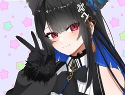 1girl bare_shoulders black_gloves black_hair blue_hair blush eneeues gloves highres hololive hololive_english looking_at_viewer mole mole_under_eye multicolored_hair nerissa_ravencroft nerissa_ravencroft_(1st_costume) purple_background purple_eyes shirt smile solo two-tone_hair upper_body v virtual_youtuber white_shirt