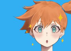 1girl :o asymmetrical_hair blush eyelashes green_eyes gym_leader hair_between_eyes looking_at_viewer misty_(pokemon) mobaillill nintendo open_mouth orange_hair pokemon pokemon_(anime) pokemon_(classic_anime) pokemon_rgby ponytail shirt short_hair side_ponytail solo sparkle