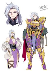1girl :d animal_print aquila_(symbol) armlet armor bird breasts circlet cleavage cleavage_cutout closed_mouth clothing_cutout contrapposto eagle emperor&#039;s_children fulgrim gauntlets genderswap genderswap_(mtf) greaves grey_hair highres holding holding_sword holding_weapon imperial_aquila jewelry large_breasts leopard_print long_hair looking_at_viewer mole mole_under_eye multiple_views open_mouth pauldrons pelt pelvic_curtain power_armor primarch purple_eyes ryuusei_(mark_ii) shoulder_armor signature simple_background smile smug sword thighs warhammer_40k weapon white_background white_hair