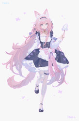 1girl :3 absurdres alternate_costume animal_ear_fluff apron artist_name black_dress black_shoes blue_eyes breasts buttons closed_mouth double-breasted dress elysia_(honkai_impact) full_body grey_background highres holding honkai_(series) honkai_impact_3rd long_hair long_sleeves looking_at_viewer missing_commentary pantyhose pink_hair pink_tail pmg shoes simple_background small_breasts smile solo tail thigh_strap very_long_hair waist_apron white_pantyhose