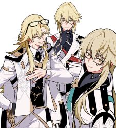 3boys black-framed_eyewear black_gloves black_shirt black_vest blonde_hair chinese_commentary closed_mouth coat collared_shirt commentary_request cowboy_shot eyewear_on_head fingernails from_side glasses gloves green_eyes hair_between_eyes hand_on_own_chest hand_on_own_chin hand_on_own_hip highres honkai:_star_rail honkai_(series) honkai_impact_3rd jacket long_hair long_sleeves looking_at_viewer luocha_(honkai:_star_rail) male_focus multiple_boys one_eye_closed open_clothes open_coat open_jacket otto_apocalypse pants shirt short_hair sidelocks simple_background single_glove smile standing tearing_up teeth turtleneck turtleneck_shirt vest void_archives white_background white_coat white_jacket white_pants white_shirt white_vest yuelinpanp98413