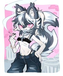 1girl animal_ear_fluff animal_ears barbell_piercing black_tank_top bracelet breasts chain chain_necklace cigarette commentary cross cross_necklace denim ear_piercing english_commentary furry furry_female grey_fur grey_hair grin hands_on_own_hips highres holding holding_cigarette industrial_piercing jeans jewelry medium_breasts medium_hair multicolored_hair necklace original outdoors pants piercing pink_eyes ponytail skullsideart skunk_ears skunk_girl skunk_tail smile smoking solo streaked_hair tail tank_top thong trash_can white_fur white_hair