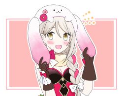 Rule 34 | 0drayveer8rlihn, 1girl, animal hat, blonde hair, braid, braided ponytail, brown gloves, easter, expressive clothes, fire emblem, fire emblem engage, fire emblem heroes, flower ornament, framme (fire emblem), framme (spring) (fire emblem), gloves, hair over shoulder, hat, highres, looking at viewer, nintendo, official alternate costume, open mouth, rabbit hat, smile, solo, yellow eyes