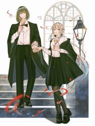 1boy 1girl absurdres blue_eyes cup drinking_glass fate/grand_order fate_(series) formal_clothes full_body hair_between_eyes highres long_hair looking_at_viewer morgan_le_fay_(fate) oberon_(fate) oberon_(third_ascension)_(fate) ponytail short_hair smile standing suit white_hair wine_glass yebeiming