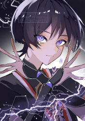 Rule 34 | 1boy, absurdres, armor, black bodysuit, black hair, black kimono, black shorts, blunt ends, bodysuit, closed mouth, crossed arms, electricity, genshin impact, gold, highres, japanese armor, japanese clothes, juban, kimono, kote, kurokote, looking at viewer, lower eyelashes only, male focus, mandarin collar, monochrome background, nero hanken, portrait, purple eyes, purple rope, red kimono, rope, scaramouche (genshin impact), shimenawa, shorts, smile, solo, watermark, white background, white kimono, white rope