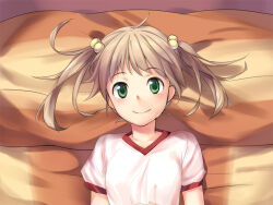 1girl artist_request blonde_hair blush closed_mouth game_cg green_eyes hair_bobbles hair_ornament ibarazaki_emi katawa_shoujo medium_hair non-web_source shirt short_sleeves smile solo twintails white_shirt