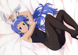00s 1girl absurdres animal_ears bed blue_hair blunt_bangs fake_animal_ears female_focus high_heels highres kannagi leotard long_hair lying nagi official_art on_back pantyhose playboy_bunny purple_eyes rabbit_ears shoes solo taka_(takahirokun)