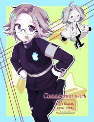 1boy absurdres ahoge aotsuki_eito armband black_pants black_shirt blue_border border closed_eyes coat glasses grey_hair hands_on_own_hips highres last_defense_academy_school_uniform looking_at_viewer multiple_views one_leg_raised open_mouth pants purple_eyes shirt simple_background standing standing_on_one_leg star_(symbol) the_hundred_line_-last_defense_academy- white_coat yellow_background zipper zipper_pull_tab