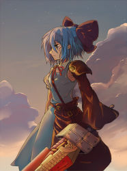 Rule 34 | 1girl, advent cirno, blood, blood on face, blue eyes, blue hair, bow, cirno, cuts, dress, female focus, injury, keroro, matching hair/eyes, momongaso, ribbon, short hair, solo, sword, touhou, weapon