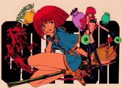 2girls bikini black_bikini black_thighhighs bracelet broom broom_riding candy copyright_name cotton_(character) cotton_(game) food hand_on_own_cheek hand_on_own_face high_heels jewelry long_hair multiple_girls non-web_source official_art red_eyes red_hair retro_artstyle short_hair short_sleeves silk_(cotton) swimsuit thighhighs