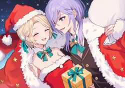 Rule 34 | 1boy, 1girl, alternate costume, bag, blonde hair, bow, bowtie, box, breasts, cleavage, closed eyes, dress, eyelashes, fire emblem, fire emblem: three houses, gift, gift box, green bow, green bowtie, hat, highres, holding, holding bag, holding gift, ingrid brandl galatea, ingrid brandl galatea (timeskip), looking at another, medium breasts, medium hair, nintendo, official alternate hairstyle, open mouth, parted bangs, purple eyes, purple hair, santa costume, santa dress, santa hat, short hair, smile, snowflakes, upper body, yuri leclerc, yuri leclerc (timeskip), yuurururun