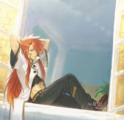 1boy arms_behind_head black_pants closed_mouth full_body green_eyes highres long_hair looking_at_viewer luke_fon_fabre male_focus midriff on_windowsill pants plytometo red_hair short_sleeves sitting solo tales_of_(series) tales_of_the_abyss very_long_hair