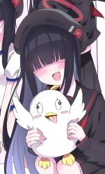 1girl :d black_hair black_hat black_sailor_collar black_serafuku black_shirt black_skirt blue_archive blunt_bangs blush buruma commentary_request facing_viewer gym_shirt hair_over_eyes halo hat highres justice_task_force_member_(blue_archive) long_hair long_sleeves multiple_views neckerchief open_mouth peroro_(blue_archive) pleated_skirt red_halo red_neckerchief sailor_collar school_emblem school_uniform serafuku shirt short_sleeves sidelocks skirt smile squatting very_long_hair vtitalianlion46 white_background white_shirt
