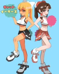 2girls alternate_costume bags_under_eyes benikurage_(cookie) black_skirt blue_background bow breasts brown_eyes brown_hair cheerleader commentary_request cookie_(touhou) crop_top flat_chest frilled_bow frilled_hair_tubes frills full_body hair_bow hair_tubes hakurei_reimu highres holding holding_pom_poms kirisame_marisa large_breasts long_hair looking_at_viewer mars_(cookie) medium_hair midriff miniskirt multiple_girls navel open_mouth parted_bangs pom_pom_(cheerleading) pom_poms ponytail pro55h red_bow red_skirt shirt shoes sidelocks simple_background skirt smile sneakers standing standing_on_one_leg touhou translation_request underboob white_bow white_shirt white_shoes yellow_eyes