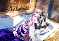 1boy 1girl absurdres animal_print ascot backless_outfit bare_shoulders black_hair blue_bow blue_eyes blush bow butterfly_print choker closed_mouth dress elbow_gloves fate/grand_order fate_(series) floral_print fujimaru_ritsuka_(male) full_body gloves gradient_hair graffiti hair_bow hair_over_one_eye halter_dress halterneck hand_grab highres in_bathtub jarrchesky jeanne_d&#039;arc_alter_(fate) long_dress long_hair looking_at_viewer multicolored_hair neck_ribbon painting_(object) pantyhose parted_lips print_gloves print_pantyhose purple_dress red_choker ribbon sidelocks trap twintails very_long_hair white_ascot white_dress white_hair white_pantyhose yellow_eyes