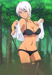 1girl absurdres black_bra black_panties bra breasts choker cleavage clothes_pull dark-skinned_female dark_skin highres large_breasts mole mole_under_eye nana_bassler navel open_clothes open_shirt panties pants pants_pull plunderer purple_eyes seductive_smile short_hair smile tattoo underwear white_hair