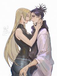 Rule 34 | 1boy, 1girl, black hair, black scarf, black shirt, blonde hair, choso (jujutsu kaisen), closed mouth, cowboy shot, denim, facial mark, highres, jeans, jujutsu kaisen, long hair, looking at another, mu kmijj, narrow waist, open mouth, pants, robe, scarf, shirt, short hair, sleeveless, sleeveless shirt, smile, tengen (jujutsu kaisen), tsukumo yuki (jujutsu kaisen), very long hair, white background, white robe