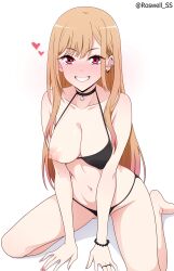 1girl absurdres barbell_piercing bikini black_bikini black_choker blonde_hair blush bracelet breasts choker cleavage collarbone ear_piercing earrings gradient_hair grin heart highres jewelry kitagawa_marin kneeling long_hair looking_at_viewer medium_breasts multicolored_hair navel nipples one_breast_out piercing red_eyes ring roswell_ss simple_background smile solo sono_bisque_doll_wa_koi_wo_suru stomach swimsuit thighs very_long_hair white_background