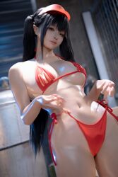 Rule 34 | 1girl, asian, bikini, bikini bottom pull, bikini pull, black hair, breasts, chinese (nationality), chunmomo0127, closed mouth, clothes pull, from below, highres, indoors, long hair, looking at viewer, looking down, mcdonald&#039;s, mcdonald&#039;s bikini, medium breasts, navel, photo (medium), real life, red bikini, smile, standing, stomach, swimsuit, thighs