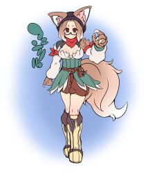 Rule 34 | 1girl, animal ears, bandana, black-framed eyewear, black hat, boots, breasts, brown boots, brown eyes, brown hair, brown shorts, claws, closed mouth, commentary request, corset, detached sleeves, ears through headwear, expressionless, full body, glasses, green corset, hat, highres, looking at viewer, medium breasts, official alternate costume, ragnarok iris, ragnarok online, ranger (ragnarok online), red bandana, short hair, short shorts, shorts, slit pupils, solo, tail, white background, white sleeves, wolf ears, wolf girl, wolf tail