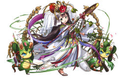 1girl blue_eyes branch brown_hair comb crown flower green_eyes hat hat_flower highres hoe japanese_clothes kushinada_(p&amp;d) long_hair magatama official_art open_mouth puzzle_&amp;_dragons sandals shovel standing worktool