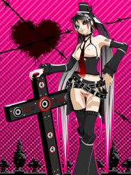 1girl 3d barbed_wire breasts calne_ca_(deino) cowboy_shot cross deino_(deino3330) detached_sleeves female_focus functionally_nude hat heart heterochromia highres isopod mini_hat mini_top_hat nato-kun necktie nipples no_panties no_pussy original revealing_clothes solo standing thigh_gap thighhighs top_hat