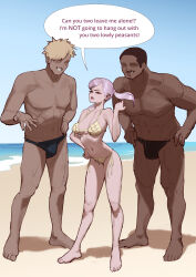 1girl 2boys absurdres barefoot beach bikini black_clover black_hair blonde_hair blue_sky breasts bulge commentary dark-skinned_male dark_skin day english_commentary english_text erection erection_under_clothes full_body grin hand_on_own_hip hand_up highres large_breasts looking_at_another male_swimwear multiple_boys muscular muscular_male navel noelle_silva outdoors pink_hair sky smile speech_bubble stomach swim_briefs swimsuit topless_male twintails wjs07