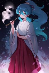 1girl beikeice blue_eyes blue_hair cherry_blossoms closed_mouth floating_hair foul_detective_satori hair_ribbon hair_tubes hakama highres japanese_clothes kimono long_hair long_sleeves miko miyadeguchi_mizuchi miyadeguchi_mizuchi_(human) ponytail red_hakama red_ribbon ribbon ribbon-trimmed_sleeves ribbon_trim solo standing touhou very_long_hair white_kimono wide_sleeves