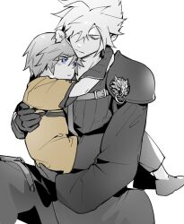 2boys aged_down animal_ears armor arms_around_neck asymmetrical_sleeves blue_eyes carrying carrying_person child closed_eyes cloud_strife commentary_request final_fantasy final_fantasy_vii final_fantasy_vii_advent_children final_fantasy_viii gloves greyscale hand_on_another&#039;s_back highres kemonomimi_mode light_blush lily_(shio1006) lion_ears looking_at_another looking_up male_focus monochrome multiple_boys pants pauldrons shirt short_hair shoulder_armor shoulder_strap simple_background single_pauldron spiked_hair spot_color squall_leonhart time_paradox white_background yellow_shirt
