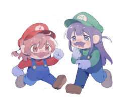 2girls aijou_karen blue_overalls blunt_bangs blush_stickers brown_eyes brown_hair brown_shoes buttons chinese_commentary commentary_request cosplay crossdressing crossdressing_(ftm) deformed fake_facial_hair fake_mustache gloves green_hat green_shirt grey_gloves hair_between_eyes hand_up hat highres long_hair looking_ahead luigi luigi_(cosplay) mario mario_(cosplay) mario_(series) multiple_girls nervous_sweating newsboy_cap nintendo one_side_up open_mouth overalls peanut_mouth red_hat red_shirt rei931218 shirt shoes short_hair shoujo_kageki_revue_starlight sidelocks simple_background sweat tearing_up tsuyuzaki_mahiru walking white_background