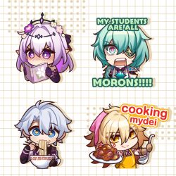 1girl 3boys anaxa_(honkai:_star_rail) apron black_gloves black_jacket blonde_hair blue_eyes blush bright_pupils brown_gloves castorice_(honkai:_star_rail) chibi commentary cooking_mama cosplay cropped_torso eating embarrassed english_commentary english_text eyepatch flower food gloves green_eyes green_hair grey_hair grid grin hair_flower hair_ornament holding holding_ladle holding_plate honkai:_star_rail honkai_(series) jacket ladle long_hair mama_(cooking_mama) mama_(cooking_mama)_(cosplay) meme multicolored_eyes multiple_boys mydei_(honkai:_star_rail) noodles open_clothes open_mouth open_shirt phainon_(honkai:_star_rail) pink_eyes plate purple_eyes purple_hair ramen reading red_pupils sample_watermark short_hair shouting simple_background smile sparkle tana_(tanabio) teeth tiara two-tone_eyes watermark white_pupils yellow_apron yellow_eyes yellow_pupils