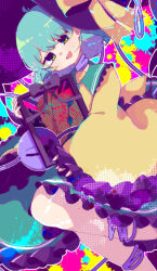 Rule 34 | 1girl, :d, antenna hair, black bow, black hat, bow, buttons, commentary, crying, crying with eyes open, diamond button, dutch angle, feet out of frame, frilled shirt collar, frilled skirt, frilled sleeves, frills, green eyes, green hair, green skirt, hair between eyes, hat, hat ribbon, heart, heart of string, highres, holding portrait, iei, implied suicide, komeiji koishi, looking down, medium hair, mint onyo, open mouth, paint splatter, ribbon, sad, shirt, skirt, sleeves past wrists, smile, solo, string around neck, sun hat, symbol-only commentary, tears, third eye, touhou, wide sleeves, yellow ribbon, yellow shirt
