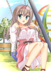 Rule 34 | 1girl, :d, ahoge, aqua eyes, black bow, blue sky, blurry, blurry background, blush, bow, braid, breasts, brown hair, collarbone, colored eyelashes, commentary request, day, dress, dress bow, eyes visible through hair, feet out of frame, frilled dress, frills, fuyukichi (nikoniko1567), hair between eyes, hairband, hands up, happy, high-waist skirt, highres, knees together feet apart, knees up, large breasts, long hair, looking at viewer, official alternate costume, official alternate hairstyle, on swing, open mouth, outdoors, park, pink skirt, red hairband, sanoba witch, shiiba tsumugi, sidelocks, sitting, skirt, sky, sleeves past wrists, smile, solo, straight hair, swing, twin braids, white dress
