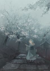 Rule 34 | 1girl, absurdres, black shoes, blue hat, blue kimono, from behind, full body, hat, highres, japanese clothes, kimono, mob cap, obi, red eyes, saigyouji yuyuko, sash, scenery, shoes, short hair, solo, standing, stone lantern, touhou, tree, veil, xianyu liang