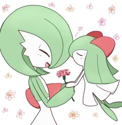 Rule 34 | 2girls, ^ ^, bob cut, closed eyes, colored skin, female focus, flat chest, floral background, flower, from side, gardevoir, gen 3 pokemon, green hair, green skin, hair over one eye, hands on another&#039;s hands, hands up, happy, heart, holding, holding flower, kirlia, kiss, kissing forehead, long hair, monya, multicolored skin, multiple girls, nintendo, one eye covered, open mouth, pokemon, pokemon (creature), profile, red flower, short hair, sidelocks, simple background, smile, standing, two-tone skin, u u, upper body, white background, white skin