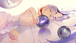 Rule 34 | 1girl, absurdres, armband, awakening (neural cloud), ball, blue eyes, blue hair, breasts, cleavage, closed mouth, collar, commentary, dress, english commentary, foreshortening, girls&#039; frontline, girls&#039; frontline neural cloud, highres, holding, holding ball, hubble (astral brilliance) (neural cloud), hubble (neural cloud), huge breasts, long hair, looking at viewer, lying, multicolored hair, official alternate costume, on floor, red collar, see-through clothes, see-through dress, serelith, solo, two-tone hair, white armband, white dress, white hair