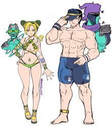 1boy 1girl abs absurdres adjusting_clothes adjusting_headwear anklet arm_tattoo bare_shoulders bikini black_hair blue_male_swimwear blue_swim_trunks bracelet braid braided_ponytail breasts brooch bun_with_braided_base butterfly_tattoo cleavage criss-cross_halter cropped_vest double_bun eyelashes eyeshadow father_and_daughter fingernails full_body gold_anklet gold_ring green-tinted_eyewear green_bikini green_eyes green_eyeshadow green_hair green_lips green_nails hair_bun half-closed_eyes halterneck hand_on_headwear hand_on_own_hip hand_up hat hat_over_one_eye heart heart-shaped_hair highres jewelry jojo_no_kimyou_na_bouken kuujou_jolyne large_breasts light_frown lipstick looking_at_viewer makeup male_swimwear multicolored_bikini multicolored_hair multiple_rings muscular muscular_male nail_polish navel_piercing open_clothes open_vest piercing print_bikini print_hat print_headwear purple_eyes ring sandals short_hair simple_background smile stand_(jojo) standing star_(symbol) star_brooch star_piercing star_platinum stone_free stone_ocean sunglasses swim_trunks swimsuit tattoo tinted_eyewear toenail_polish toenails topless_male two-tone_hair unraveling vest wanderjegson white_background white_vest wristband yellow_bikini