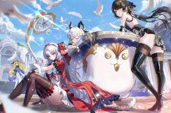 4girls absurdres ahoge aqua_eyes bare_shoulders black_boots black_bow black_hair black_horns black_shorts black_thighhighs blonde_hair blue_sash blue_sky boots bow breasts bubble caba_(caba091) carlotta_(wuthering_waves) chromatic_aberration closed_eyes commentary curled_horns day dress earrings elbow_pads english_commentary female_rover_(wuthering_waves) hair_between_eyes hair_bow hair_ribbon hat high_heel_boots high_heels highres horns jacket jewelry light_blush long_hair looking_at_viewer low_ponytail medium_breasts multiple_girls outdoors pantyhose parted_bangs phoebe_(wuthering_waves) pink_thighhighs ponytail red_bow red_jacket ribbon rover_(wuthering_waves) sash shirt shorts skirt sky sleeping smile striped_bow tacet_discord_(wuthering_waves) thigh_boots thighhighs thighhighs_under_boots thighs triangle_earrings tubpup_(wuthering_waves) white_dress white_hat white_pantyhose white_shirt white_skirt wuthering_waves yellow_eyes yellow_ribbon zani_(wuthering_waves)