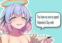 Rule 34 | 1girl, bare shoulders, black souls, black souls 2, black wings, blue background, blue eyes, blue hair, blush, cleavage cutout, clothing cutout, english text, fake halo, fang, feathered wings, furrowed brow, gradient hair, hair over eyes, halo, hand up, head wings, heart, heart-shaped pupils, highres, lingeriena (black souls), looking at viewer, multicolored hair, nose, open mouth, outline, pink hair, sidelocks, skin fang, smile, solo, speech bubble, sweatdrop, symbol-shaped pupils, white outline, white wings, wings, wrangelina, yellow halo