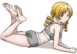 1girl absurdres barefoot blonde_hair breasts closed_mouth commentary_request drill_hair from_side full_body grey_shorts grey_sports_bra hair_ornament highres large_breasts legs_up long_hair mahou_shoujo_madoka_magica midriff riokasen shorts simple_background smile solo sports_bra tomoe_mami twin_drills white_background yellow_eyes