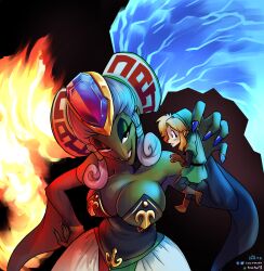 1boy 1girl bare_shoulders breasts cleavage colored_skin detached_sleeves fiery_hair gerudo giant giantess green_skin harem_pants highres ian_samson jewelry large_breasts link long_hair mini_person miniboy nervous nintendo pants picking_up pointy_nose sidelocks smile the_legend_of_zelda the_legend_of_zelda:_ocarina_of_time twinrova twintails very_long_hair