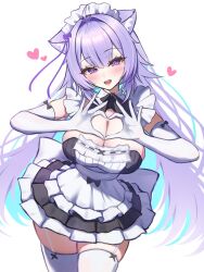 1girl animal_ear_fluff animal_ears black_dress breasts cat_ears cat_girl cleavage cowboy_shot dress elbow_gloves garter_straps gloves heart heart_hands highres hololive kogekoge1207 large_breasts long_hair maid maid_headdress nekomata_okayu purple_eyes purple_hair simple_background solo strapless strapless_dress thighhighs virtual_youtuber white_background white_gloves white_thighhighs