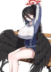 1girl absurdres arms_behind_head awesome_crane black_hair black_wings blue_archive blue_jacket blue_shorts blush breasts commentary feathered_wings feet_out_of_frame gym_shirt gym_shorts gym_uniform halo hasumi_(blue_archive) hasumi_(track)_(blue_archive) highres jacket large_breasts long_hair long_sleeves low_wings on_bench one_eye_closed red_eyes red_halo shirt shorts simple_background sitting solo stretching sweat track_jacket trinity_general_school_logo white_background white_shirt wings