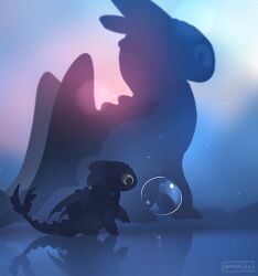 apofiss artist_name black_eyes bubble colored_sclera commentary dragon green_sclera how_to_train_your_dragon_(series) how_to_train_your_dragon_1 lens_flare night_light no_humans reflective_floor signature toothless
