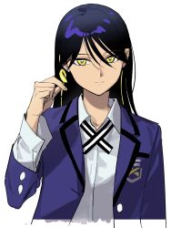 1girl antori_r black_hair blue_jacket earphones gundam gundam_gquuuuuux highres jacket long_hair nyaan_(gundam_gquuuuuux) shirt simple_background solo upper_body white_background white_shirt yellow_eyes