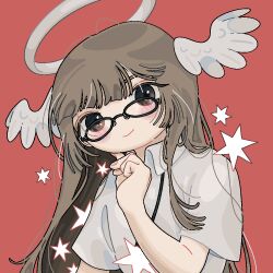 1girl blush brown_eyes brown_hair glasses halo hand_up head_wings long_hair looking_at_viewer no_nose original red_background simple_background sizucomaru smile solo wings