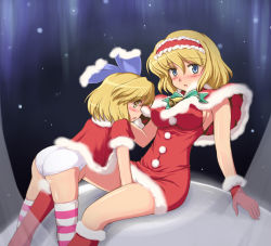 2girls alice_margatroid alice_margatroid_(pc-98) arms_up ass bell between_legs blonde_hair blue_eyes blush capelet dual_persona female_focus flx gloves hair_ribbon hairband multiple_girls mystic_square no_pants open_mouth panties red_gloves ribbon santa_costume short_hair striped_clothes striped_legwear striped_thighhighs thighhighs time_paradox touhou touhou_(pc-98) underwear white_panties yellow_eyes